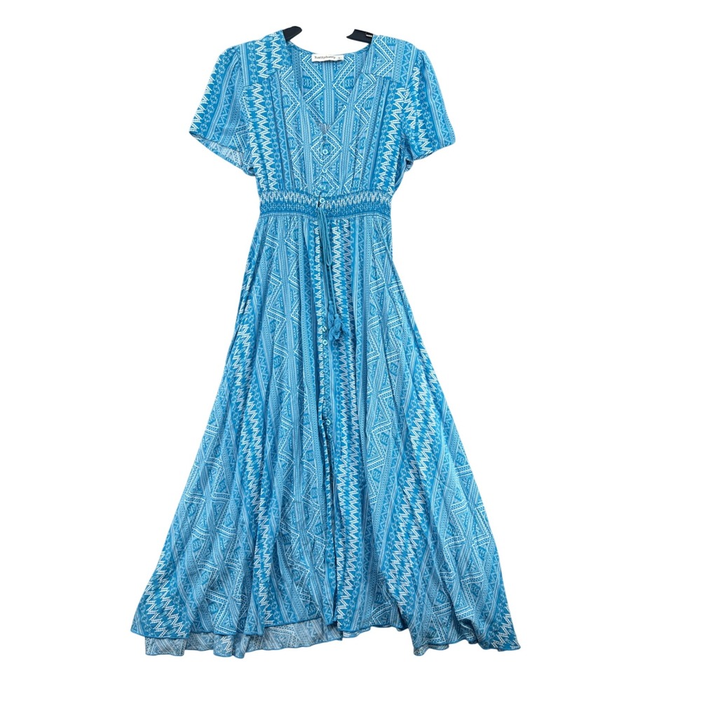 Rusttydustty Flowy Button Down Maxi Dress Size L Blue Coastal Boho Smocked
